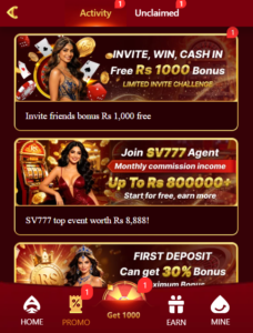 SV777 casino promotions page featuring a free Rs 1,000 invite bonus, SV777 agent monthly commission up to Rs 800,000, and a 30% first deposit bonus offer